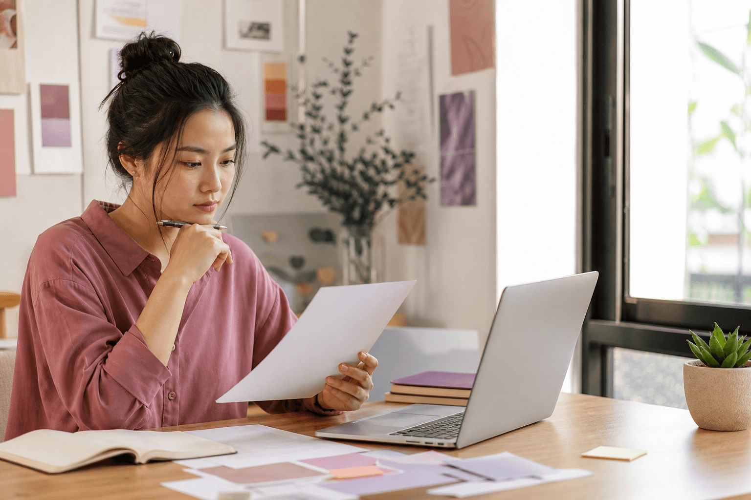 A professional reviews a short task list at a bright desk.